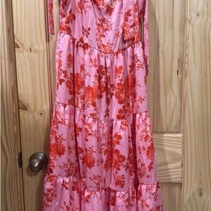 Elegant Pink and Red Floral Midi Dress